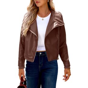luvamia Faux Leather Jackets for Women Zip Up Lapel Collar Motorcyle Biker Short Jacket PU Leather Blazer Long Sleeves