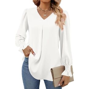 Funlingo Women's 2023 Long Sleeve Tops Dressy Casual V Neck Tunic Shirts Loose Chiffon Work Blouse