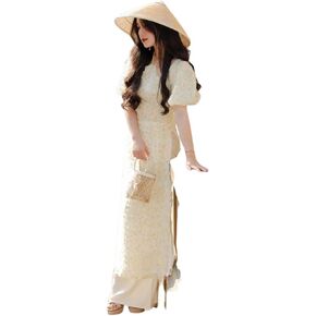 مجموعة Ao Dai بأكمام منتفخة وأزهار صغيرة صفراء | الفيتنامية الحديثة المعدة مسبقًا آو داي| آو داي مع السراويل in Kuwait