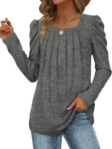 WEESO Womens Sweaters Lightweight Puff Sleeve Pleated Square Neck Tunic Shirts Loose Fit in Saudi Arabia