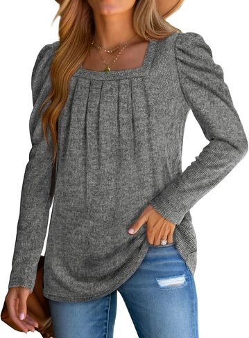 WEESO Womens Sweaters Lightweight Puff Sleeve Pleated Square Neck Tunic Shirts Loose Fit in Saudi Arabia