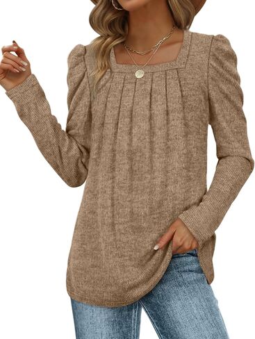 WEESO Womens Sweaters Lightweight Puff Sleeve Pleated Square Neck Tunic Shirts Loose Fit in Kuwait