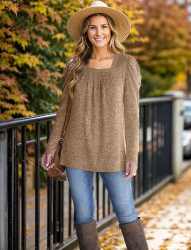 WEESO Womens Sweaters Lightweight Puff Sleeve Pleated Square Neck Tunic Shirts Loose Fit in Kuwait