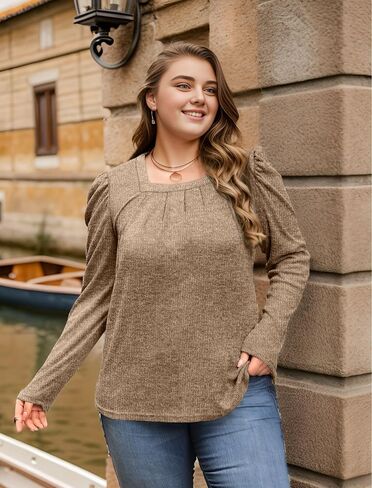 WEESO Womens Sweaters Lightweight Puff Sleeve Pleated Square Neck Tunic Shirts Loose Fit in Kuwait