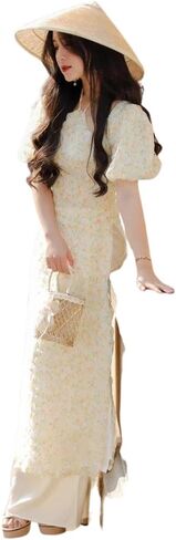 مجموعة Ao Dai بأكمام منتفخة وأزهار صغيرة صفراء | الفيتنامية الحديثة المعدة مسبقًا آو داي| آو داي مع السراويل in Kuwait