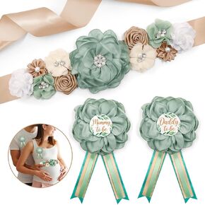 مجموعة وشاح وصدر الأمومة باللون الأخضر الحكيم، مجموعة Mom to Be Daddy to Be Corsage Greenery، ديكورات استحمام الطفل، حزام البطن الأخضر الزيتوني، كشف الجنس، هدية تذكارية للحفلات، دعائم صور الحمل