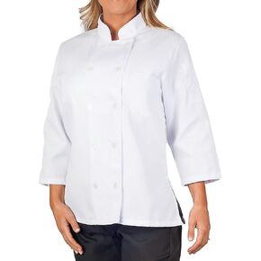 KNG 3/4 Sleeve White Chef Coat for Women - Ladies Fitted Chefs Jacket