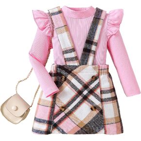 AMMENGBEI Toddler Girl Fall Winter Outfit Ribbed Knit Ruffle Sleeve Tops+Plaid Suspender Skirt 2Pcs Clothes Set