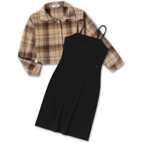 Arshiner Girls Dresses 2 Piece Outfit Cami Dress with Crop Button Up Blouse Shirt Clothing for 5-12 Years