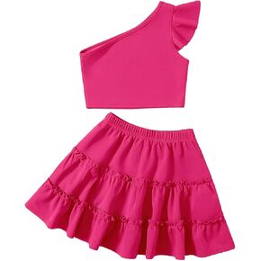 SHENHE Girl's Two Piece Outfits One Shoulder Cap Sleeve Crop Top and Skirt Set