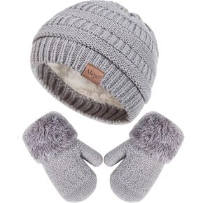 Winter Mittens Gloves Beanie Hat Set for Kids Baby Toddler, Cute Thick Warm Knit Fleece Lined Thermal Set for Boys Girls