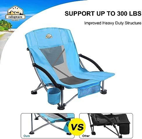 Colegence Low Beach Camping Chair 2 Pack,300 LBS Heavy Duty Folding Chair, 23''Large and Cozy Beach Chairs Set,with Phone Bag,Cooler Pocket, Cup Holder, for Beach, Camping, Outdoor (2 Pcs Blue) in Saudi Arabia