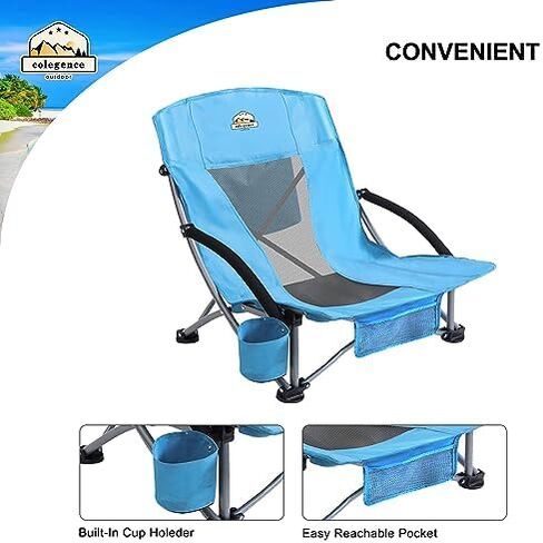 Colegence Low Beach Camping Chair 2 Pack,300 LBS Heavy Duty Folding Chair, 23''Large and Cozy Beach Chairs Set,with Phone Bag,Cooler Pocket, Cup Holder, for Beach, Camping, Outdoor (2 Pcs Blue) in Saudi Arabia