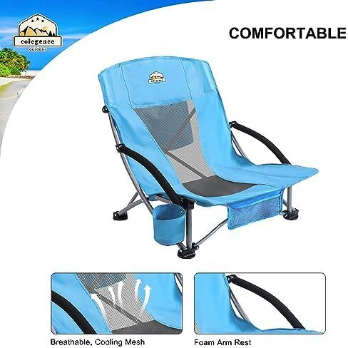 Colegence Low Beach Camping Chair 2 Pack,300 LBS Heavy Duty Folding Chair, 23''Large and Cozy Beach Chairs Set,with Phone Bag,Cooler Pocket, Cup Holder, for Beach, Camping, Outdoor (2 Pcs Blue) in Saudi Arabia