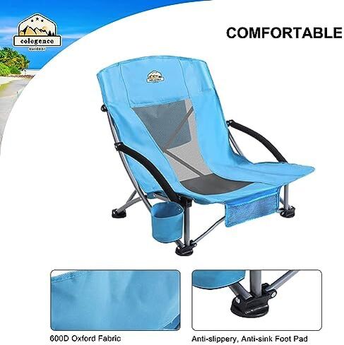 Colegence Low Beach Camping Chair 2 Pack,300 LBS Heavy Duty Folding Chair, 23''Large and Cozy Beach Chairs Set,with Phone Bag,Cooler Pocket, Cup Holder, for Beach, Camping, Outdoor (2 Pcs Blue) in Saudi Arabia