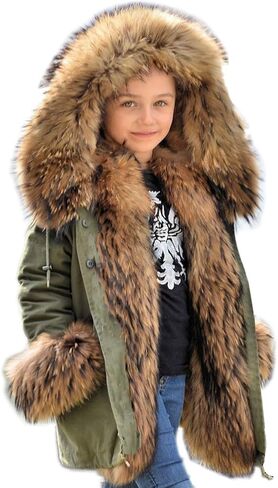 Aofur Kids Boys Fashion Hooded Fur Coat Fleece Lining Jacket Outdoor Trench Parka Warm Thick Winter Anorak Outwear in Kuwait