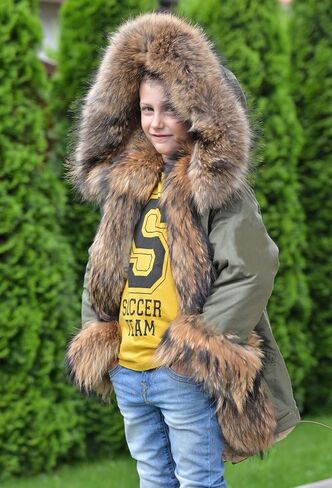 Aofur Kids Boys Fashion Hooded Fur Coat Fleece Lining Jacket Outdoor Trench Parka Warm Thick Winter Anorak Outwear in Kuwait