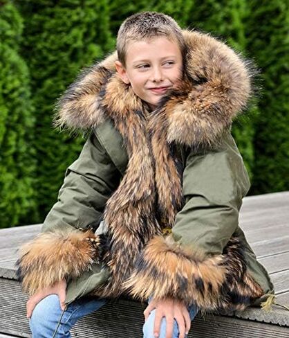Aofur Kids Boys Fashion Hooded Fur Coat Fleece Lining Jacket Outdoor Trench Parka Warm Thick Winter Anorak Outwear in Kuwait