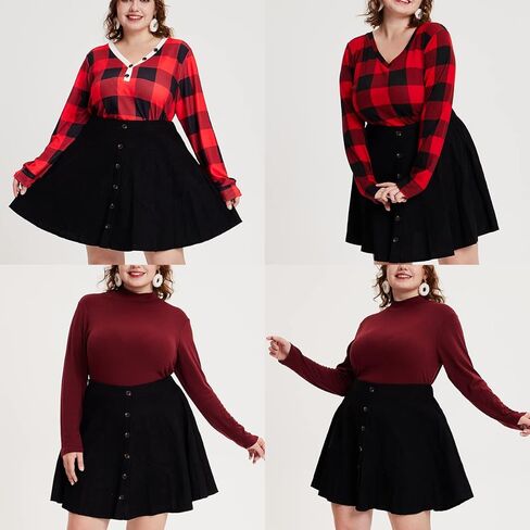 RITERA Plus Size Basic Versatile Stretchy Elastic Waist Flared Casual Mini Skater Skirt/Pleated Plaid Skirt for Women XL-5XL in Kuwait