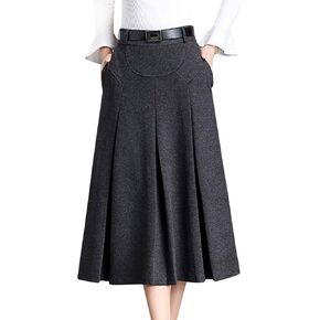 Tanming Womens Winter High Waist A-Line Pleated Wool Midi Skirt with Belt Loops