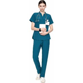 Uniforms World Horizon Scrubs Set for Women — Suit Stretch Top & Straight Pants with Multi Pocket, Yoga Waistband, 9 Pockets