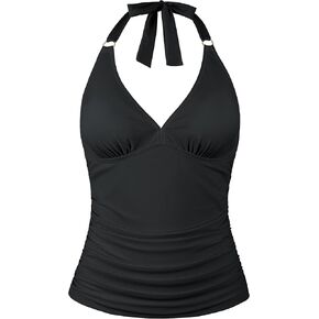Firpearl Women's Halter Tankini Tops Only V Neck Swimsuit Ruched Tummy Control Bathing Suit Tops