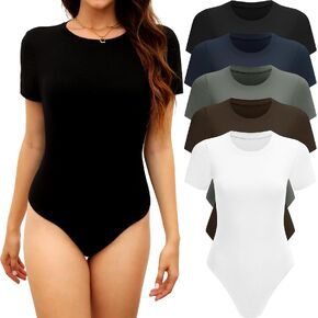 TYCTOS 5 Pack Short Sleeve Body Suits Women Crew Neck Bodysuit Shirts for Women Daily Casual T Shirt Bodysuit Women
