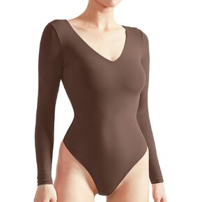 SUUKSESS Women V Neck Long Sleeve Bodysuit Sexy Thong Bodysuit Shirts