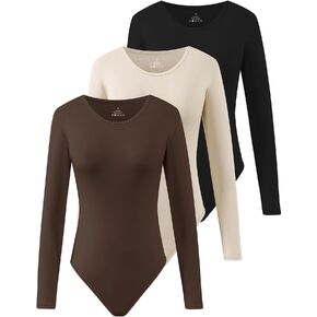 Xelky 3 pack Women's Ribbed Bodysuit Long Sleeve Round Neck Slimming Body Suit Stretch Basic Shirts Bodysuits Tops