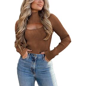 PRETTYGARDEN Women's 2023 Fashion Fall Clothes 2 Piece Cutout Tops Long Sleeve Mock Neck Rib Knit Winter Pullover Sweater in Saudi Arabia