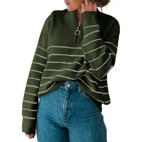 Amkoyam Women's Striped Sweaters 2023 Long Sleeves Knitted Casual Pullovers Loose Shirt Tops with Button Fall Winter
