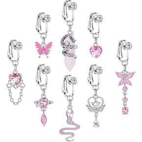 ORAZIO 8 PCS Fake Belly Ring For Women Fake Belly Piercing Dangle Clip On Belly Button Rings CZ Snake Butterfly Faux Belly Button Piercing Stainless Steel Fake Navel Rings Non Pierced