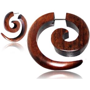 Earth Accessories Spiral Fake Gauges for Women or Men - Faux Gauge Earrings with Organic Wood and Surgical Steel - Fake Plugs Sold as a Pair in Black or Brown in Saudi Arabia