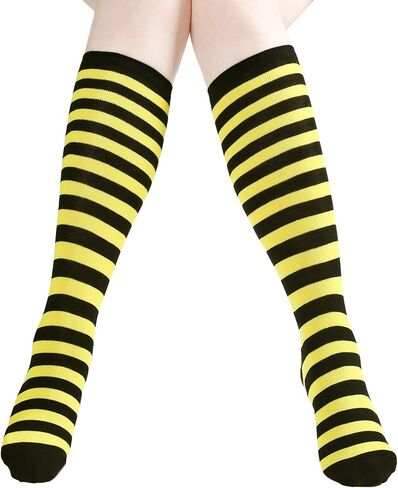 3 ازواج جوارب مخططة بنمط نحلة سوداء واصفر مخططة بطول الركبة جوارب طويلة مخططة لزي الهالوين in Kuwait
