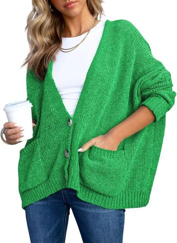 Sidefeel Womens 2023 V Neck Button Down Oversized Cardigan Long Sleeve Open Front Soft Chunky Knit Sweaters Coat with Pockets in Saudi Arabia