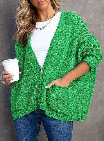 Sidefeel Womens 2023 V Neck Button Down Oversized Cardigan Long Sleeve Open Front Soft Chunky Knit Sweaters Coat with Pockets in Saudi Arabia