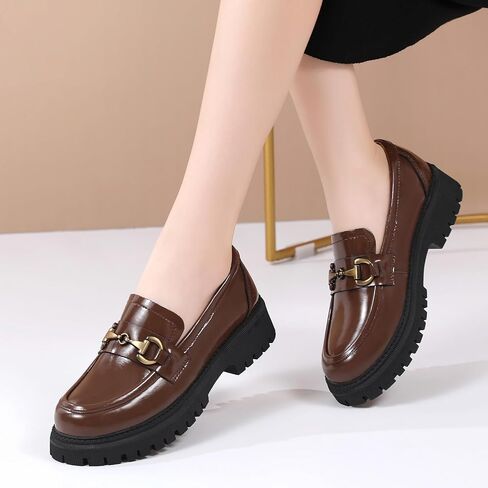OKJ Loafers Women Black Platform Penny Chunky Business Casual Office Shoes | womens loafers Fashion Metal Chain Classic Leather Loafers Slip On work Women's Dress Comfortable Dressy formal Shoes in Saudi Arabia