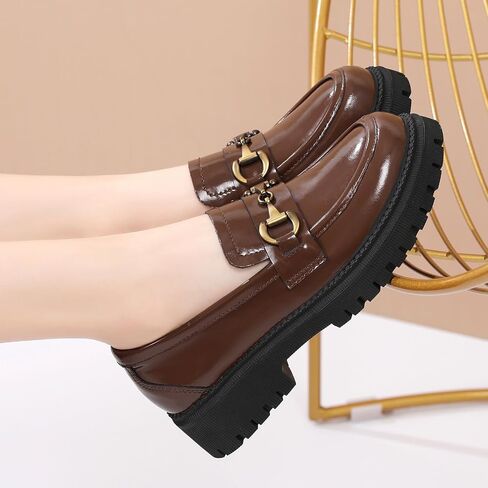 OKJ Loafers Women Black Platform Penny Chunky Business Casual Office Shoes | womens loafers Fashion Metal Chain Classic Leather Loafers Slip On work Women's Dress Comfortable Dressy formal Shoes in Saudi Arabia