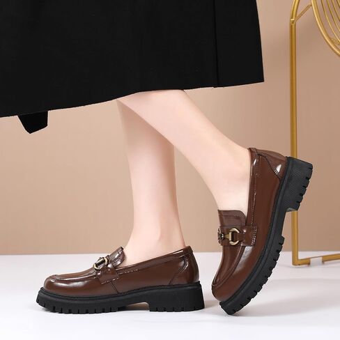 OKJ Loafers Women Black Platform Penny Chunky Business Casual Office Shoes | womens loafers Fashion Metal Chain Classic Leather Loafers Slip On work Women's Dress Comfortable Dressy formal Shoes in Saudi Arabia