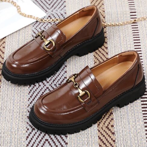 OKJ Loafers Women Black Platform Penny Chunky Business Casual Office Shoes | womens loafers Fashion Metal Chain Classic Leather Loafers Slip On work Women's Dress Comfortable Dressy formal Shoes in Saudi Arabia