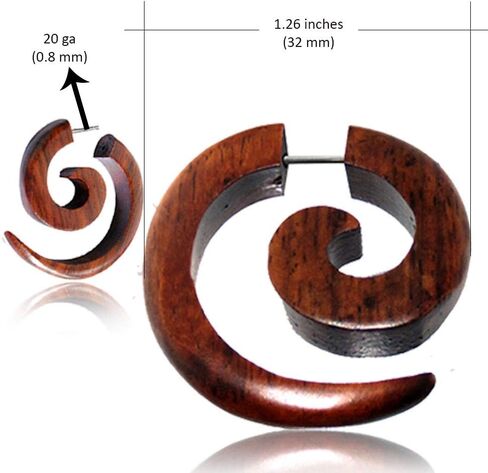 Earth Accessories Spiral Fake Gauges for Women or Men - Faux Gauge Earrings with Organic Wood and Surgical Steel - Fake Plugs Sold as a Pair in Black or Brown in Kuwait