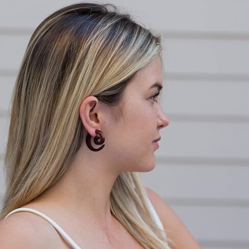 Earth Accessories Spiral Fake Gauges for Women or Men - Faux Gauge Earrings with Organic Wood and Surgical Steel - Fake Plugs Sold as a Pair in Black or Brown in Kuwait