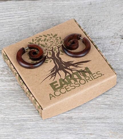 Earth Accessories Spiral Fake Gauges for Women or Men - Faux Gauge Earrings with Organic Wood and Surgical Steel - Fake Plugs Sold as a Pair in Black or Brown in Kuwait