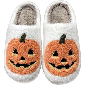 Qubuwalk Halloween Pumpkin Slippers for Women Men Spooky Slides Soft Plush Fuzzy slippers Cozy House Slippers Indoor Outdoor Shoes