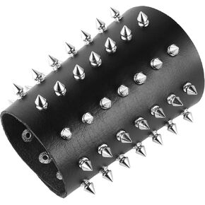 HZMAN Unisex Black Metal Spike Studded Punk Rock Biker Wide Strap Leather Bracelet