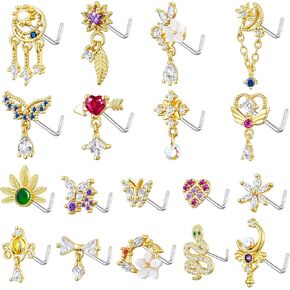 TAMHOO 18Pcs 18G Nose Rings L Shape Nose Ring Stud for Women-Butterfly Nose Ring - Heart Nose Ring- Gold Nose Studs for Women