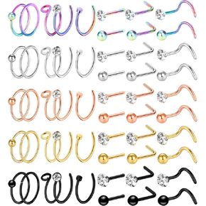 ONESING 32-55 Pcs 20G Nose Rings for Women Nose Rings Hoops Nose Piercing Jewelry L Shape Nose Studs Screw CZ Nose Bone Studs Stainless Steel Body Piercing Jewelry in Saudi Arabia