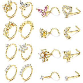 ORAZIO 16Pcs Nose Rings For Women Surgical Steel Nose Studs Hoops 20G Nose Hoop Corkscrew L Shaped Nose Stud Gold Silver Nose Ring Nose Piercing Jewelry