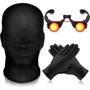 3 Pcs Halloween Glowing Grim Reaper Costume Accessories Set Black Full Face Mask Spandex Gloves with Glowing Eyes Glasses for Halloween Adult Children Masquerade Cosplay in Kuwait