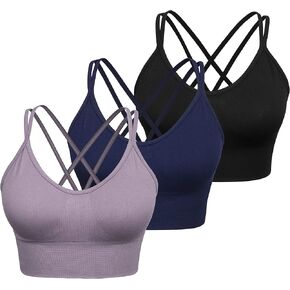 VEQKING Women Strappy Sports Bra Cross Back Medium Supports Seamless Removable Padded Yoga Bra for Workout Fitness 3 Pack
